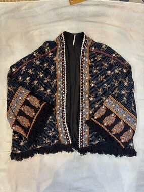 Free People Embellished Open-Front Boho Shrug with Metallic Trim